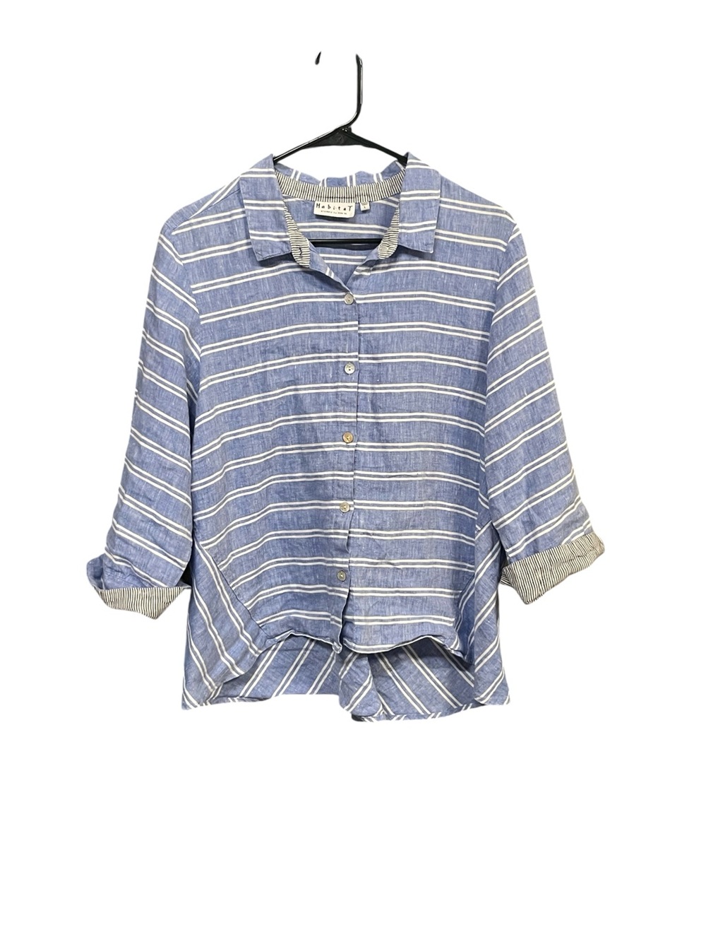 Habitat Linen Shirt Women’s L Blue White Striped Coastal Boho Lagenlook Artsy
